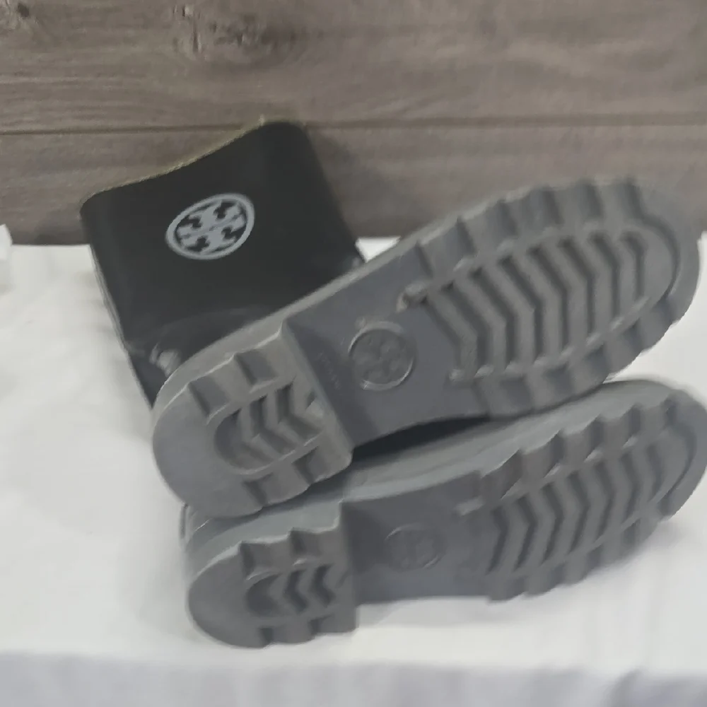 Tory Burch Black/Gray Rain Boots with Logo Sz 9